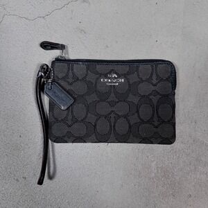 Coach Signature C Jacquard Wristlet Pouch Cosmetic Bag Black Silver